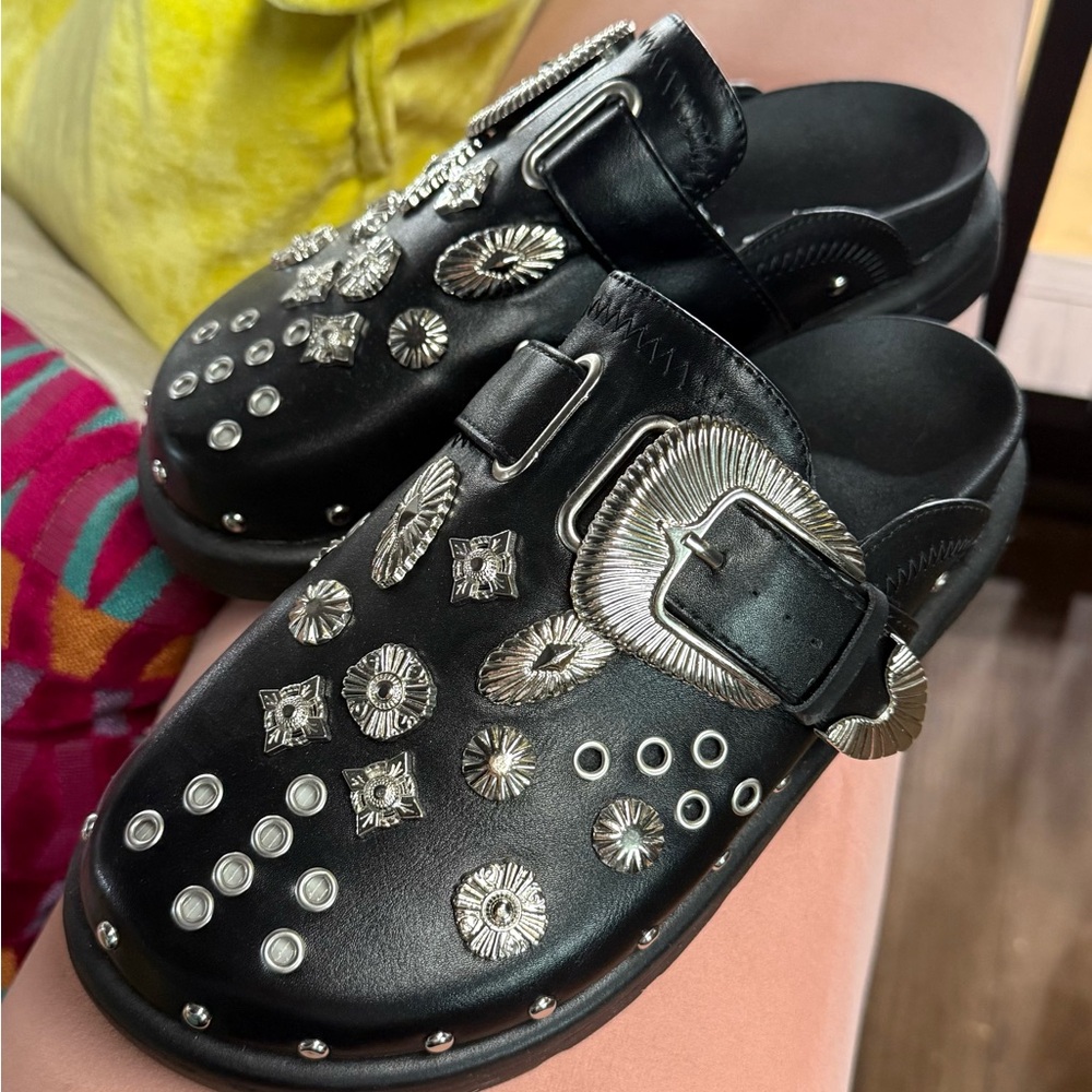NWT BLACK STUDDED MULES, VARIOUS SIZES